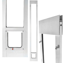 Three views of a white pet door designed to fit into a sliding glass door track.