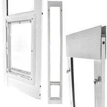 Three-part shot of a white-framed sliding glass door insert with a dog door opening.