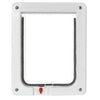 A white plastic pet door with a grey brush lining the interior opening._Color_White