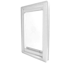 White plastic pet door with transparent flap.