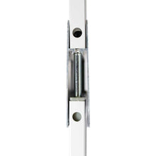 Close-up of a metal pin joint connecting two white vertical bars.
