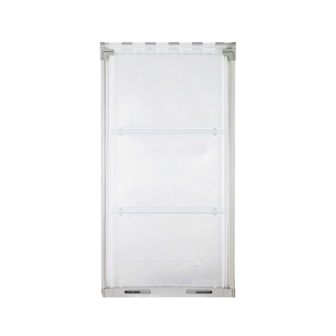 Rectangular transparent pet door with a silver frame.