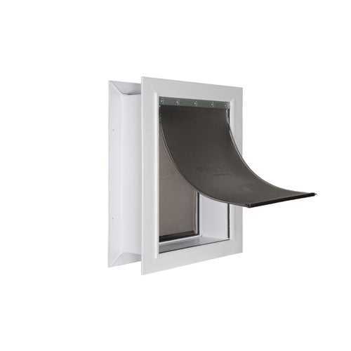 A white framed pet door with a black flap.