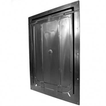 A dark gray access door with a textured, rectangular panel set within a frame is angled slightly.