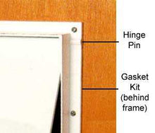 Close-up of a white frame attached to a wooden surface with labels pointing to the hinge pin and gasket kit.