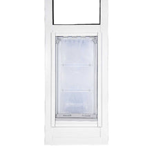 White-framed pet door with clear flap.