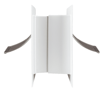 A white, stepped plastic structure with flexible grey tabs.