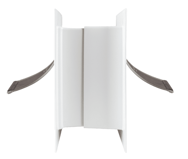 A white, stepped plastic structure with flexible grey tabs.