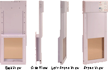 Four views of a white, automated pet door with a sliding panel.