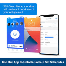 Three smartphones display screens related to a smart door app and pet settings.