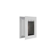 A white, rectangular pet door with a gray flexible flap and frame.