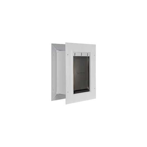 A white, rectangular pet door with a gray flexible flap and frame.