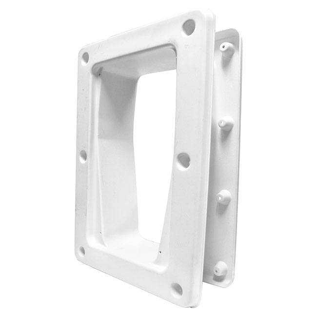 White plastic frame with an opening and mounting holes.