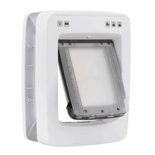 A white, rectangular pet door with a partially open, tinted flap is displayed on a white background.