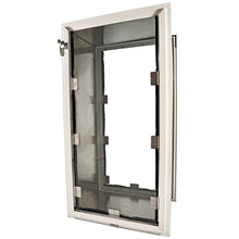 A white framed Hale pet door with a metal interior.