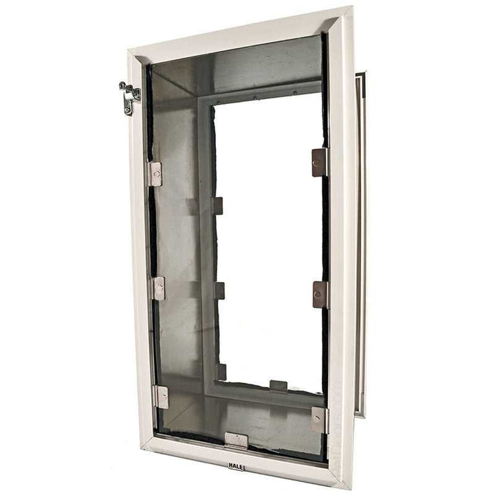 A white framed Hale pet door with a metal interior.