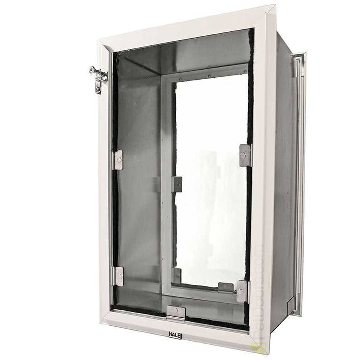 A silver and white dog door against a white background.