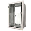 A silver and white dog door against a white background.