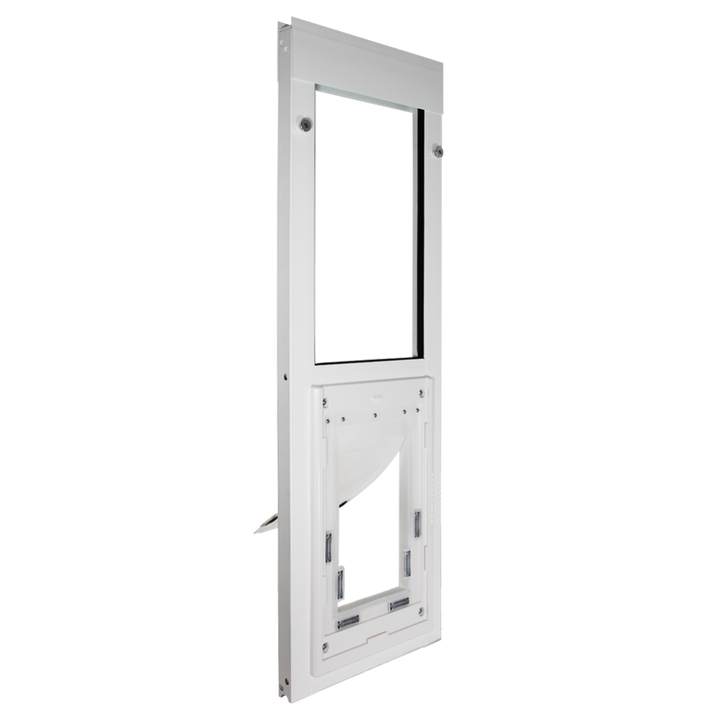  Dragon vinyl window pet door, angled view, front open, white, single flap.