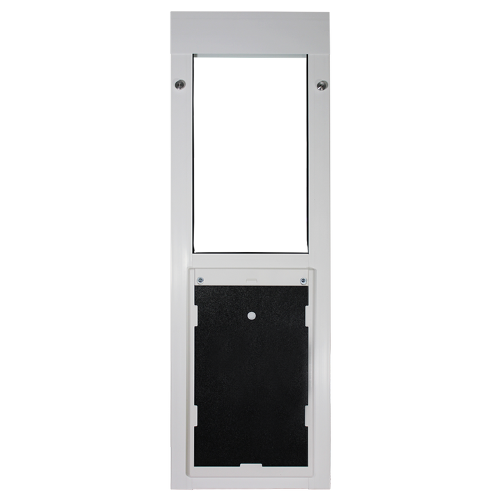  Dragon large single flap vinyl window pet door, black, angled view with locking cover.