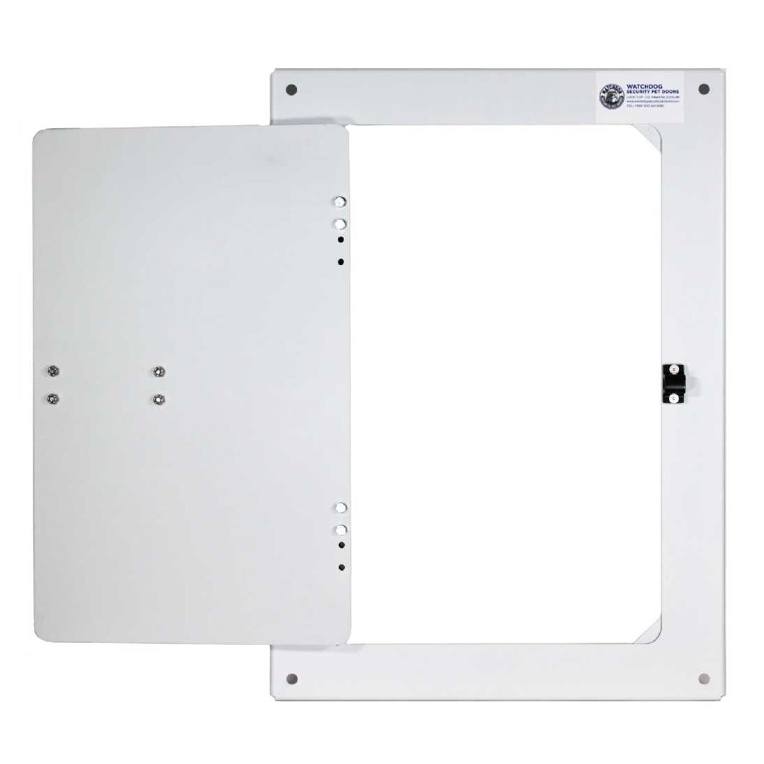 A white metal access door is partially open against a white background.