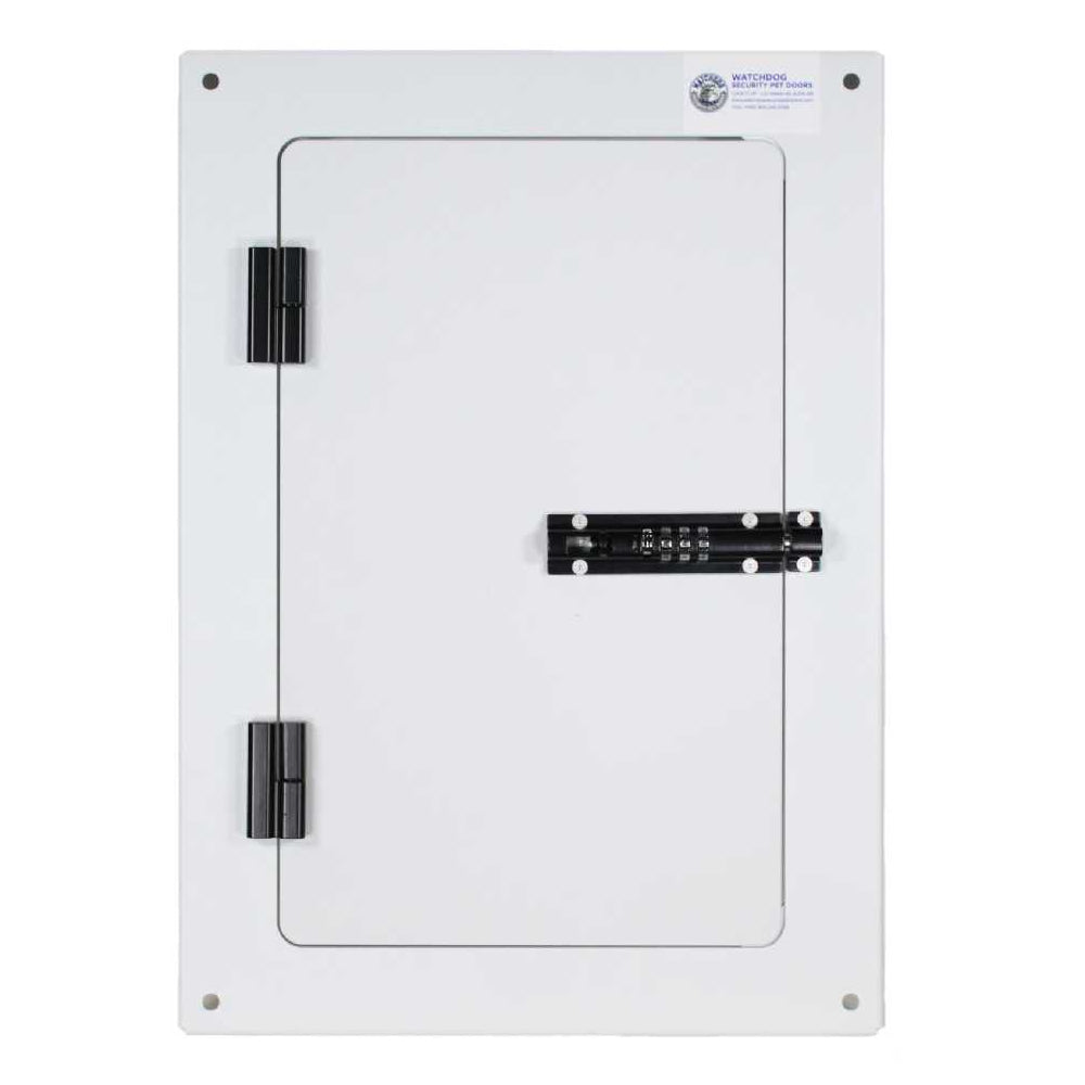 A white, rectangular metal door with black hinges and a combination lock, labeled "WATCHDOG SECURITY PET DOORS".