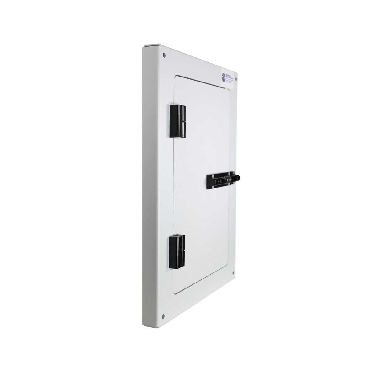 A white electrical panel with a hinged door and a black latch is shown from a side angle.
