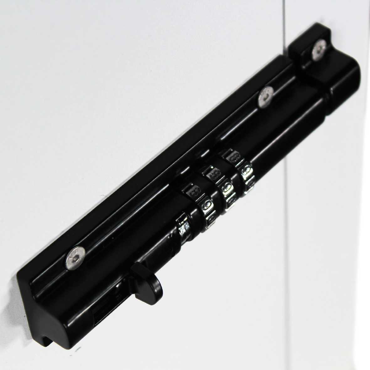 Black combination lock on a white surface.