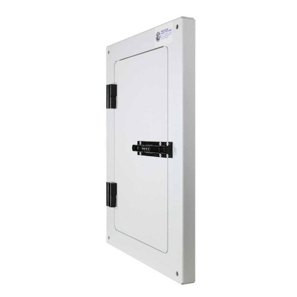 A white, wall-mounted electrical panel with a hinged door and black latch.