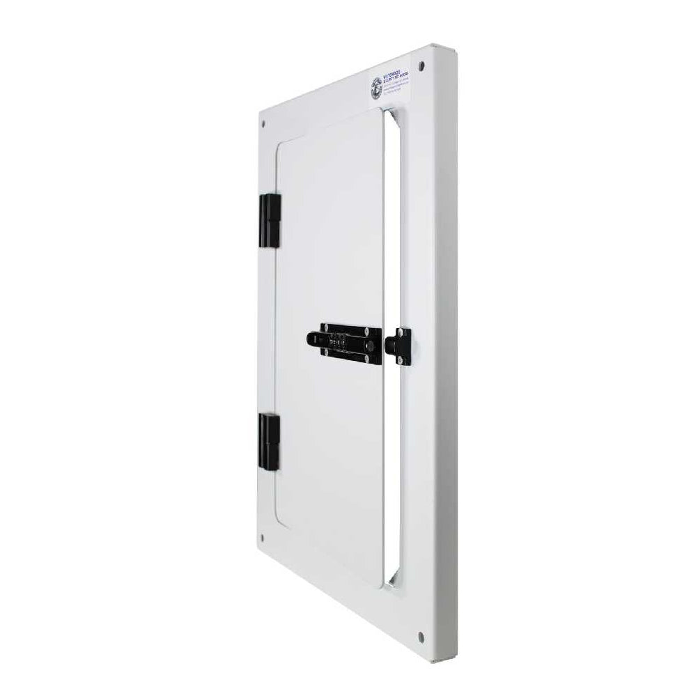 White access panel with black hinges and latch, set against a white background.