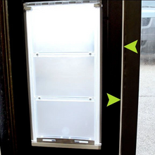 A pet door is installed in a dark-framed door.