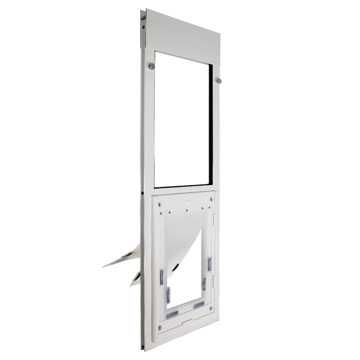 White Dragon Double Flap Pet Door for Windows from the side, showing the two flaps open.