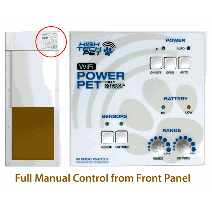 The image shows a High Tech Pet automatic pet door alongside its control panel.