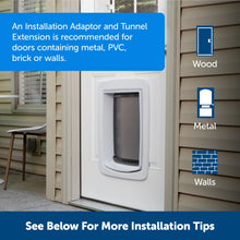 A white pet door installed in a white door, with information about needing an installation adaptor for certain door materials.