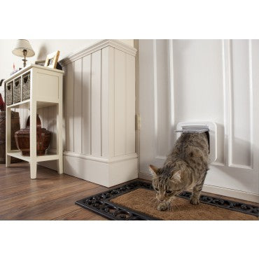 A cat entering the house through the SureFlap Microchip Pet Door Connect for Doors, which connects to an app to monitor your pet's activity. 