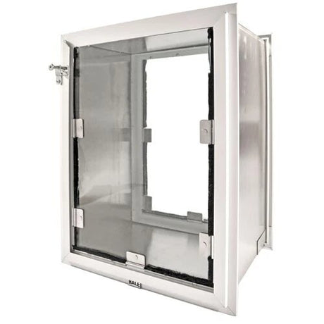 The Hale Pet Doors for Walls, which has adjustable magnets and weatherstripping lining the flap for increased insulation value. 