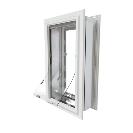 An Endura dog door with a black and white door mount and two clear flaps. 