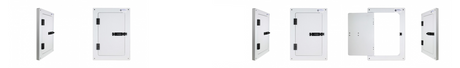 The image shows a series of white access doors in various states of being opened and closed.