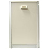 A closed, beige pet door with a clear plastic handle and metal frame.