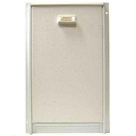 A closed, beige pet door with a clear plastic handle and metal frame.