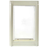 A pet door with a clear flap and a light-colored frame.
