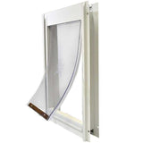 A pet door with a clear flap in a white frame_Color_White