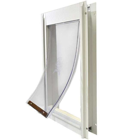 A pet door with a clear flap in a white frame_Color_White