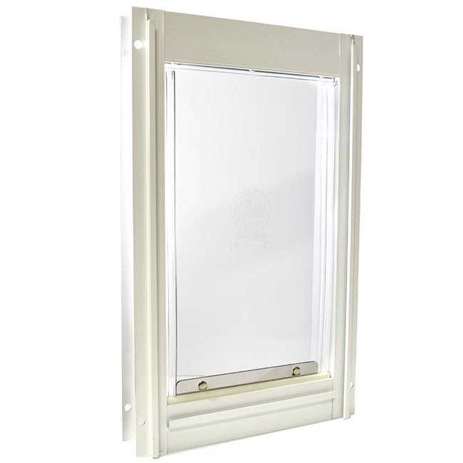 Close-up of a white-framed pet door with a clear plastic flap.