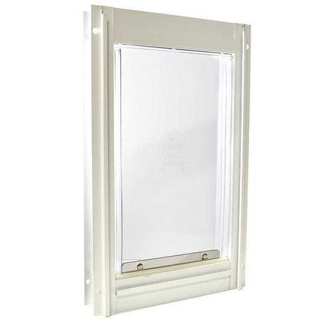 Close-up of a white-framed pet door with a clear plastic flap.
