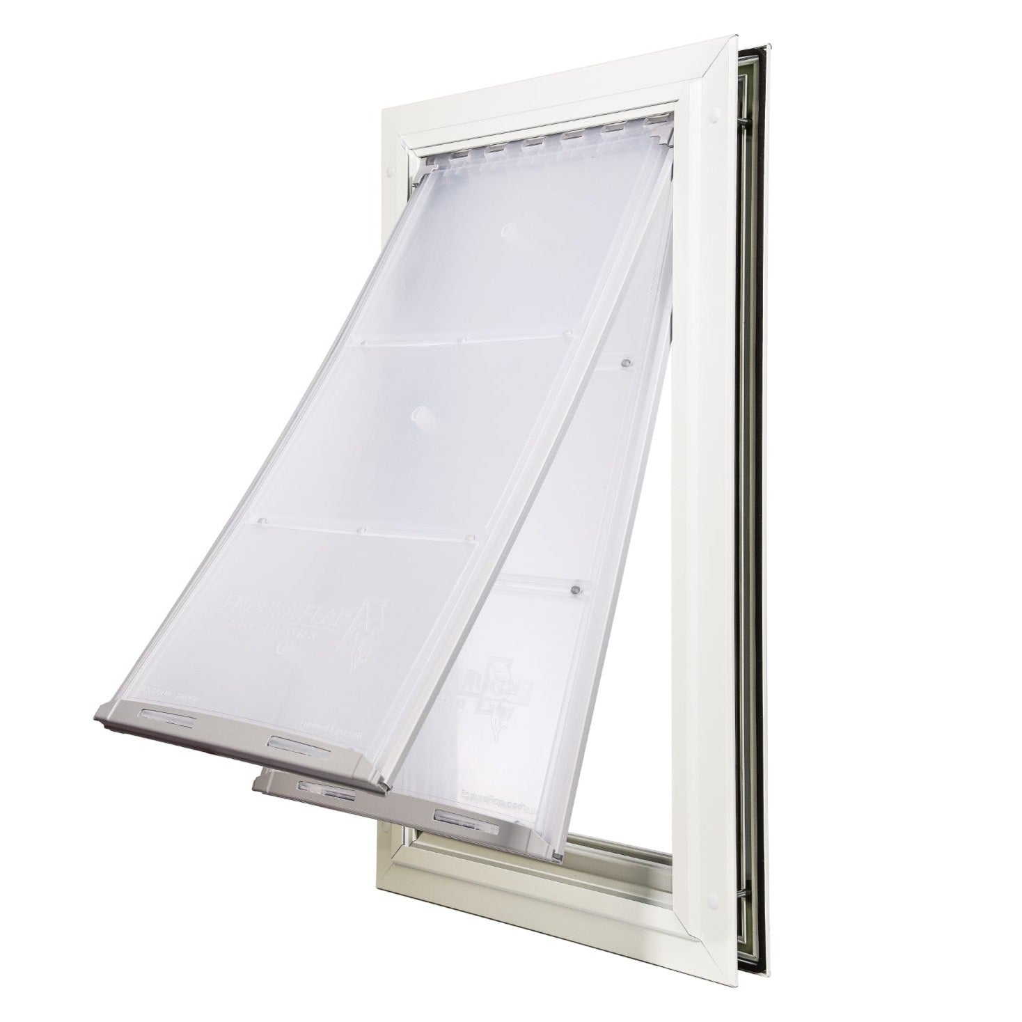 White-framed pet door with transparent flaps.