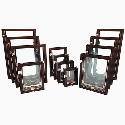 A collection of framed windows of varying sizes is arranged in two groups.
