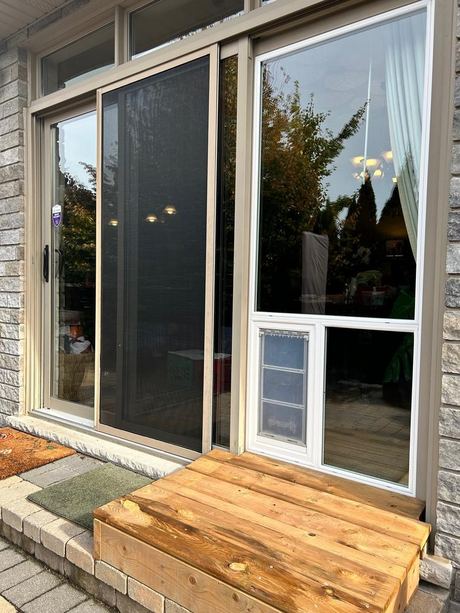 Patio door with a pet door in a fixed glass panel and a wooden step outside.