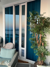 A balcony with sliding glass doors and a dog door, furnished with a chair and a potted tree.