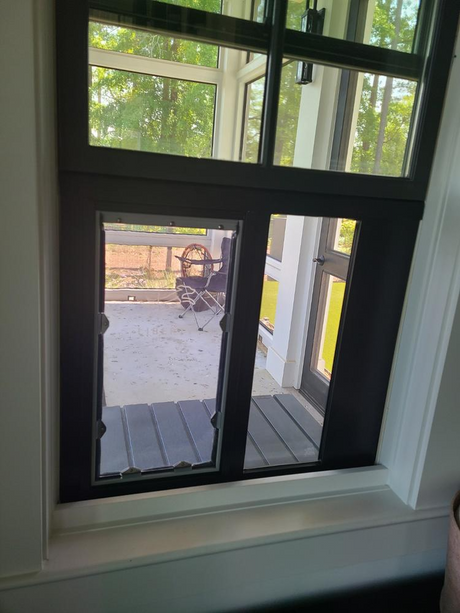 A window with a dog door insert.